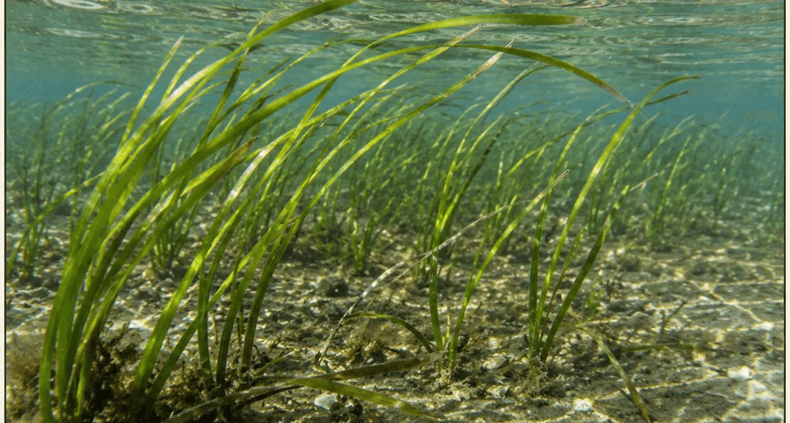 An underwater meadow of eelgrass swaying in clear, sunlit shallow water over a sandy bottom.