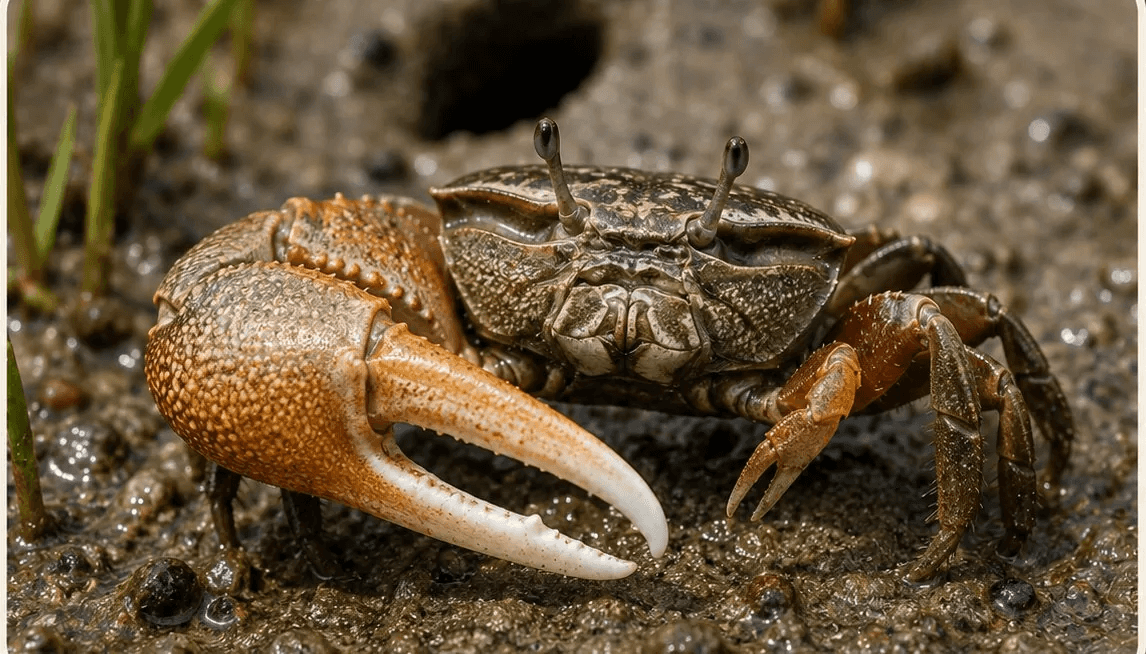 Close-up of a fiddler crab on wet marsh mud, raising its one oversized orange claw.