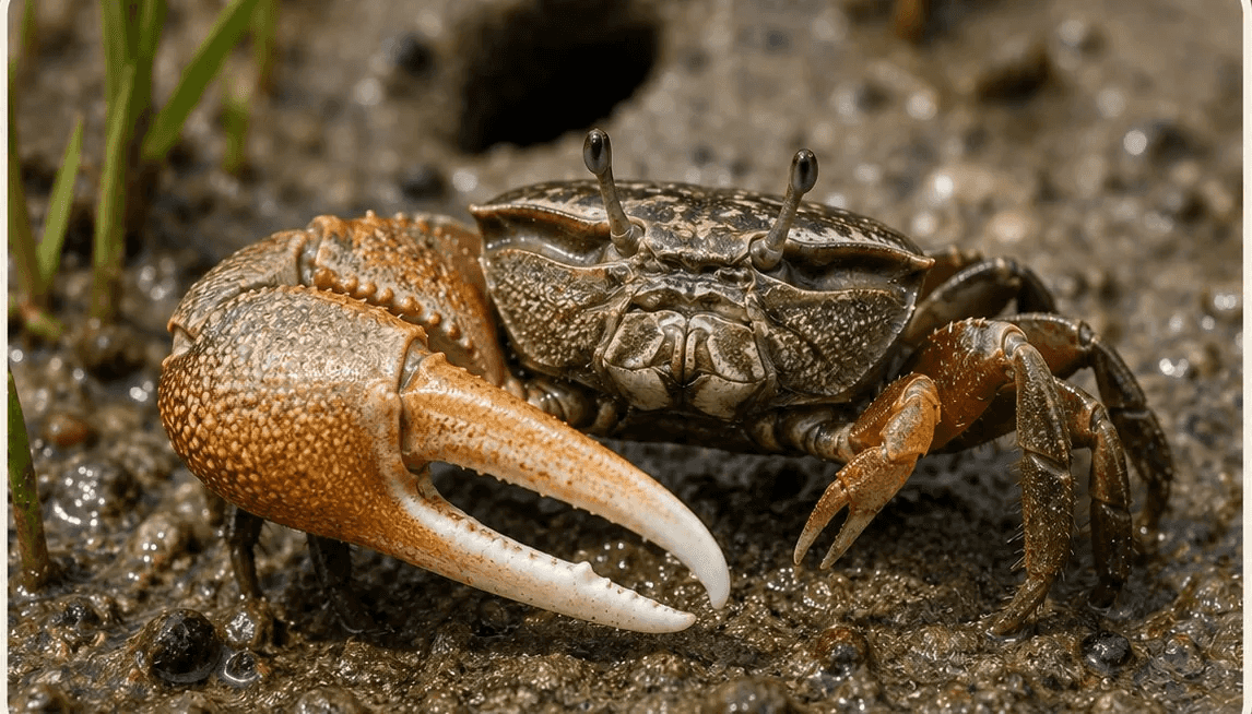 Close-up of a fiddler crab on wet marsh mud, raising its one oversized orange claw.