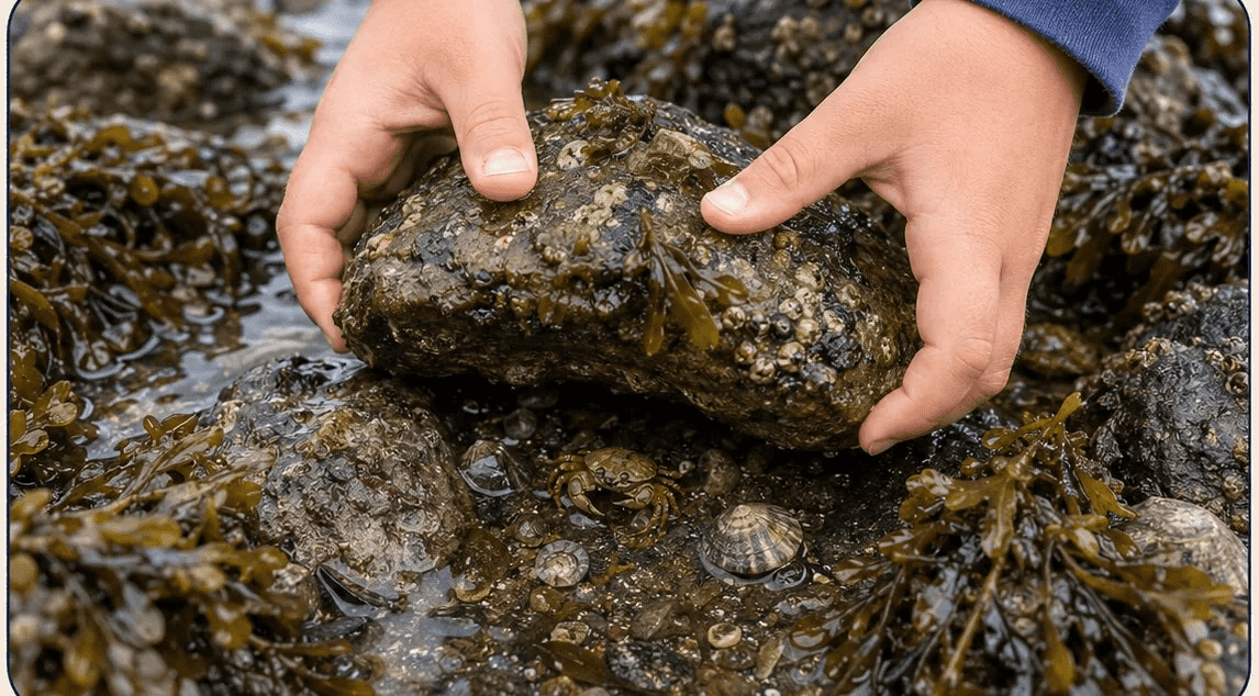 Small hands gently placing a seaweed-covered rock back where it was found in a tide pool.