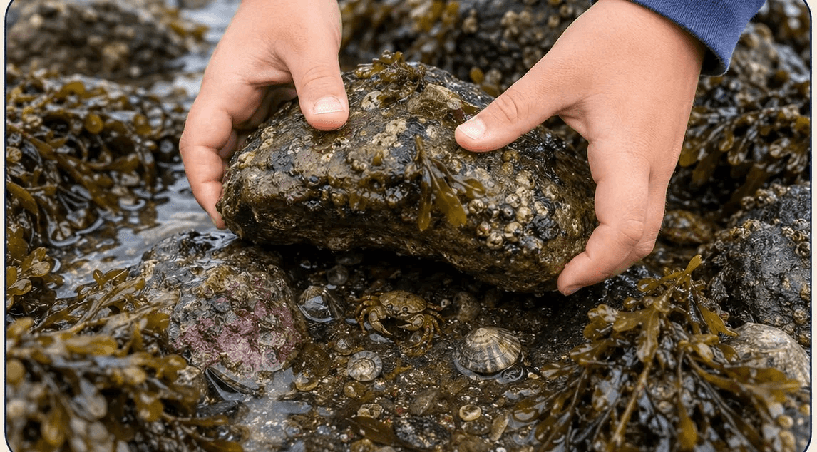 Small hands gently placing a seaweed-covered rock back where it was found in a tide pool.