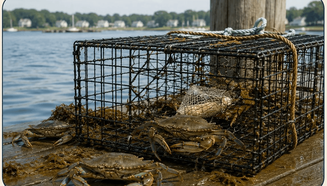 Blue crabs on a weathered wooden dock beside a wire crab pot, with a harbor village and moored boats beyond.