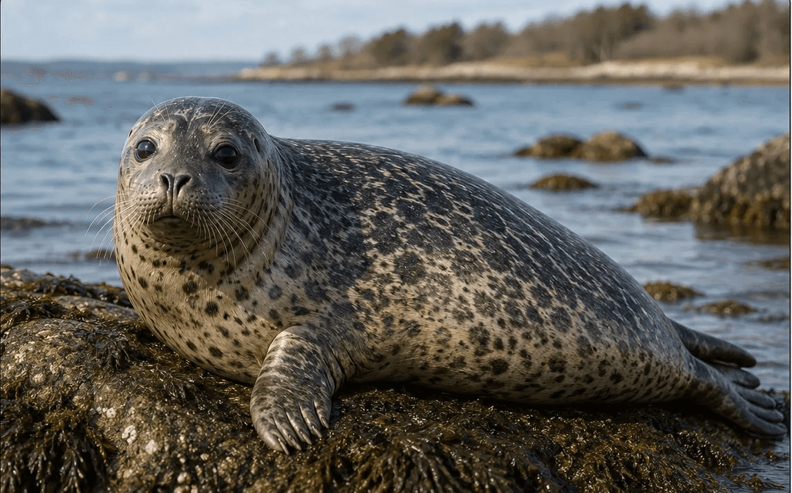 A spotted harbor seal resting on a shoreline rock, with calm water and a low wooded shore behind it.