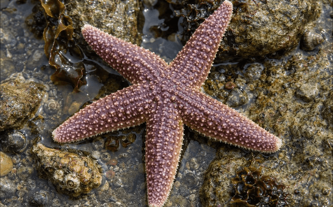 A purple northern sea star clinging to rocks among seaweed and snail shells at low tide.