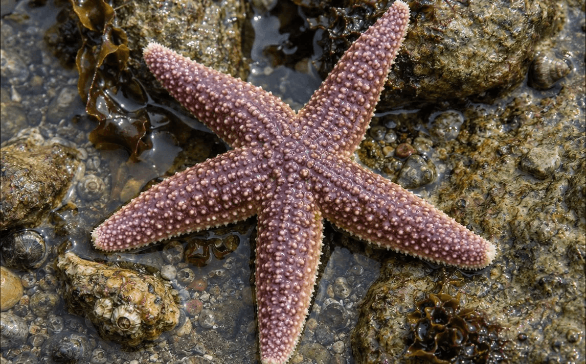 A purple northern sea star clinging to rocks among seaweed and snail shells at low tide.