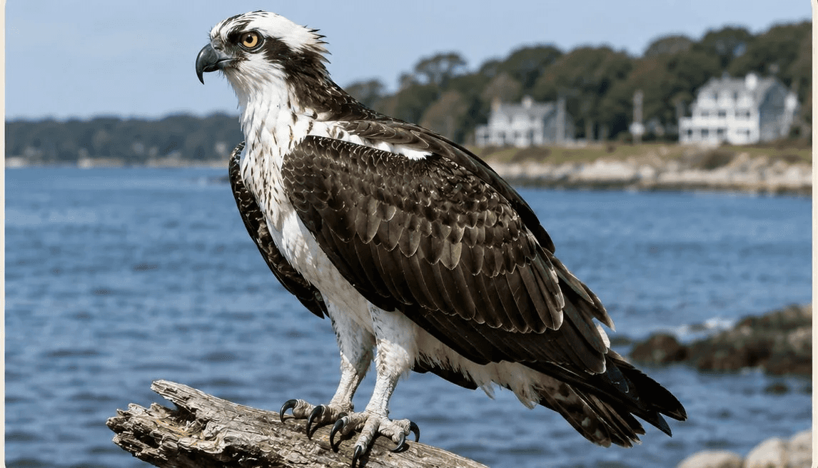 An osprey perched on driftwood at the water’s edge, with shoreline houses and trees across the water.