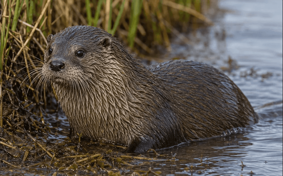 A river otter in shallow water at the edge of a marsh, looking toward the camera.