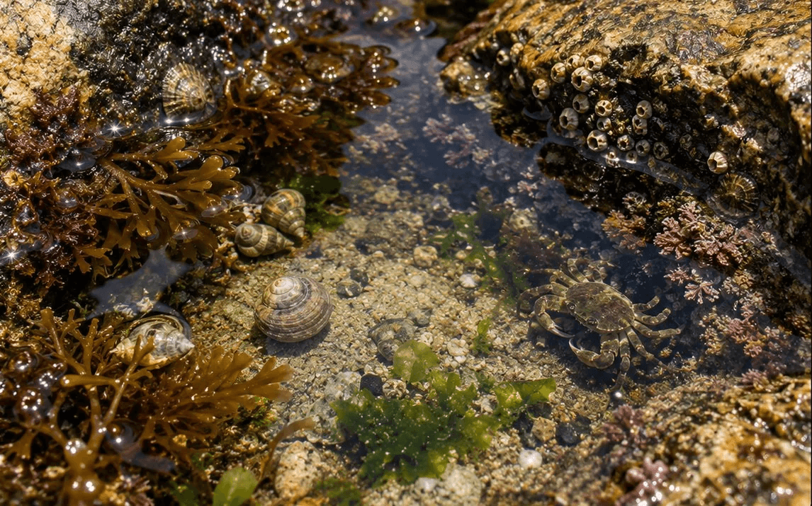 A rocky tide pool with seaweed, barnacles, periwinkle snails and a small crab resting under clear water.
