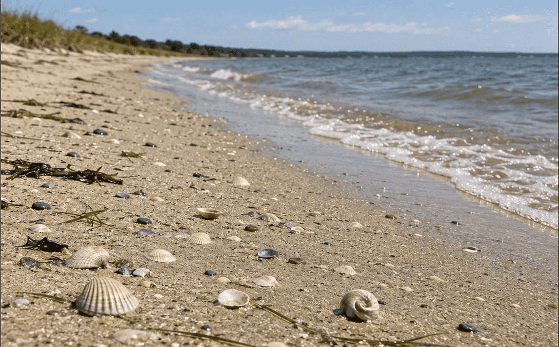 A quiet sandy beach on Long Island Sound, scattered with shells and pebbles, as small waves wash along the shore.