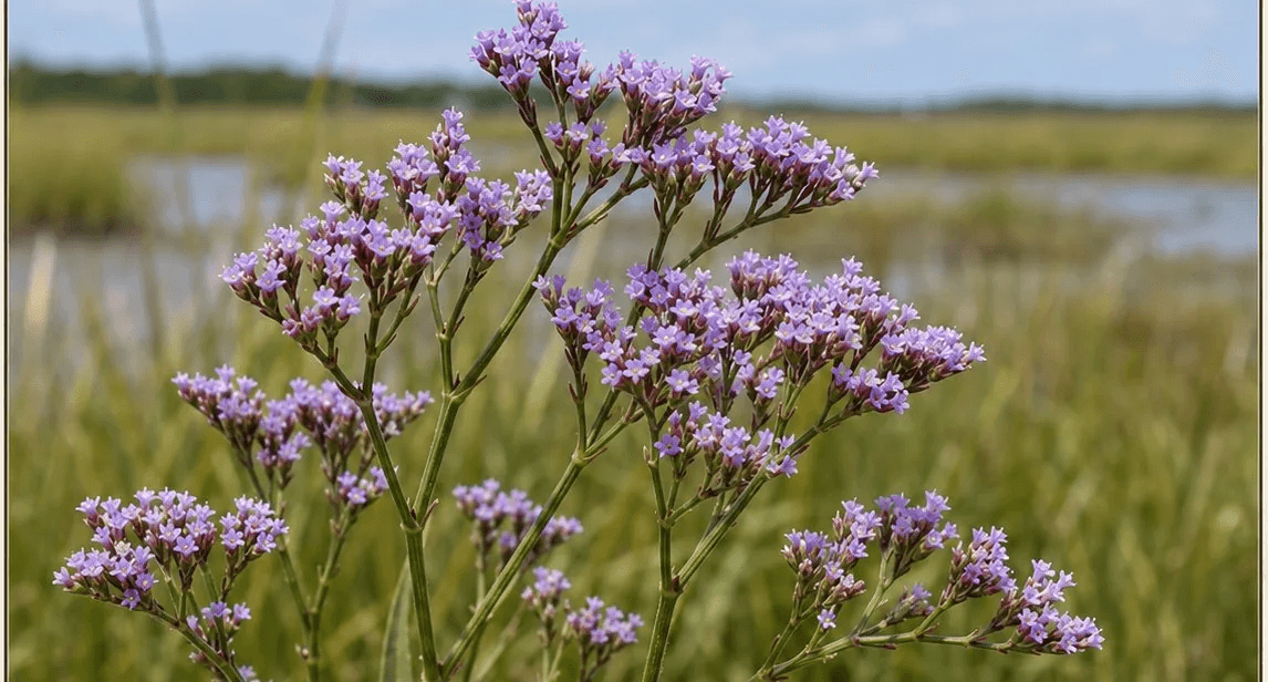 Sprays of purple sea lavender in bloom at the edge of a green salt marsh.