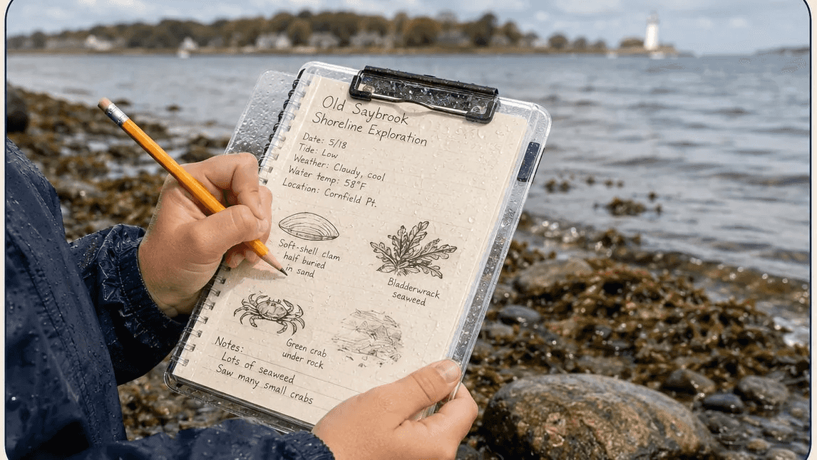 Hands sketching a crab and a clam shell on a shoreline exploration worksheet, with a rocky beach and lighthouse behind.