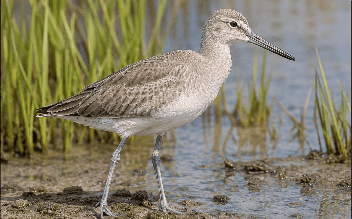 A willet, a long-legged shorebird, wading through shallow water among marsh grasses.